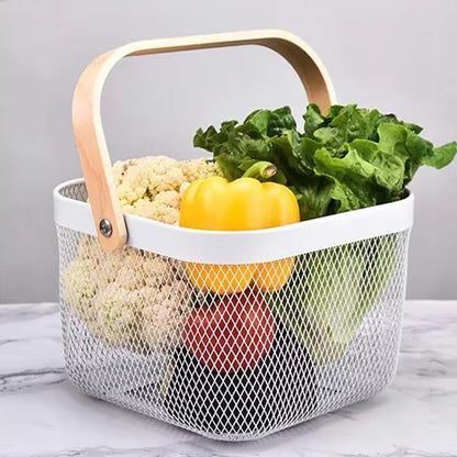 AJIODA Metal Mesh Wire Basket, Large Steel Basket with Wooden Handle Storage Organizer Basket Multi-functional Hanging Kitchen Baskets Fruit Baskets for Kitchen Bathroom Cabinet Pantry Snacks, Black