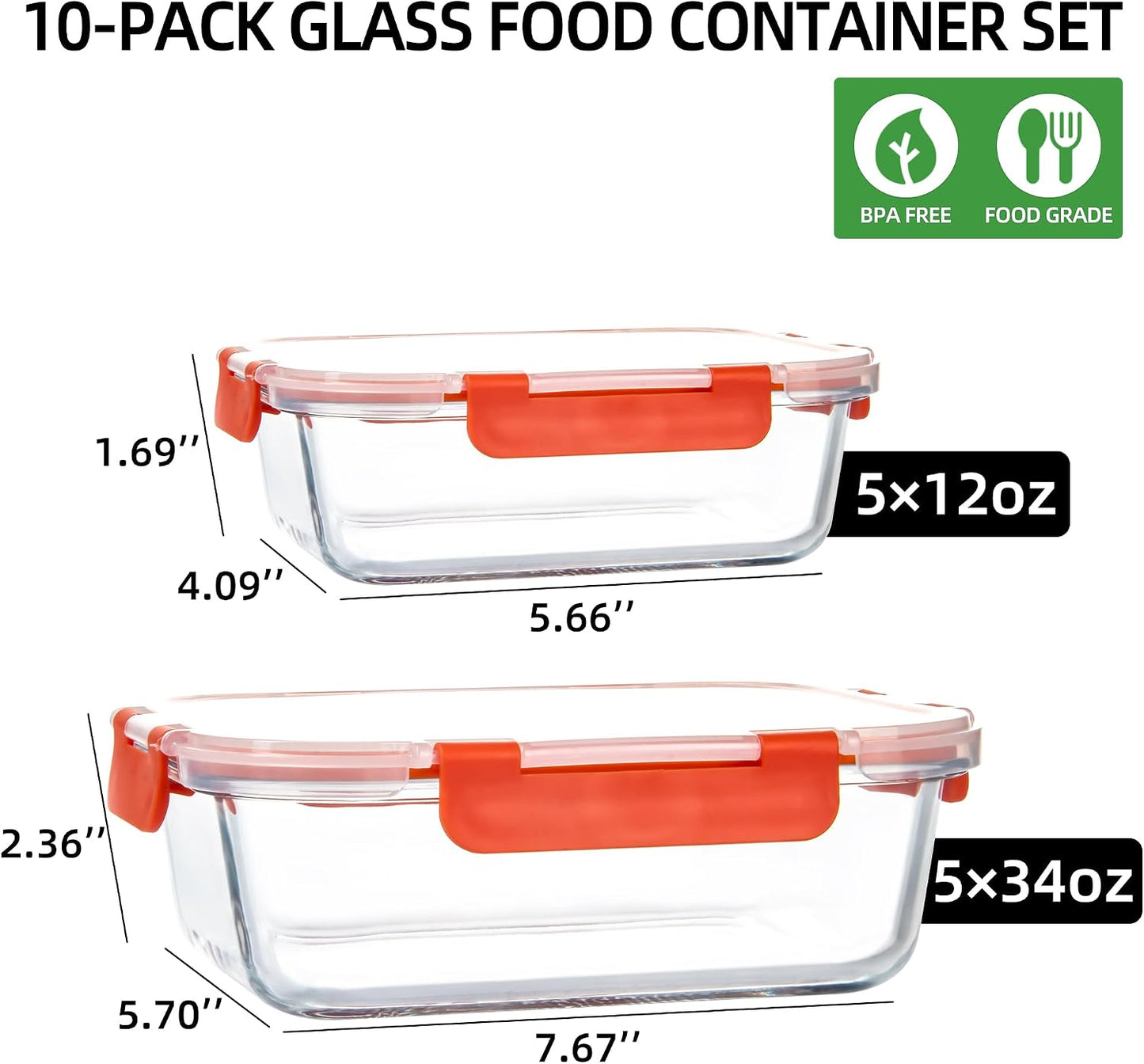UMEIED 10 PACK Glass Food Storage Containers with Leak Proof Lids, Glass Airtight Meal Prep Containers Set for Lunch, On the Go, Leftover, Kitchen Pantry Organizers and Storage (Pink)