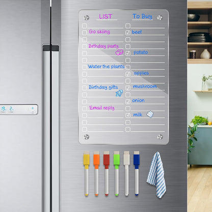 JonXon 8"X12" Acrylic Magnetic Menu Board for Kitchen,Acrylic Weekly Calendar for Fridge,Clear Meal Planner for Refrigerator,Magnet Fridge Menu Planner with 6 Magnetic Erasable Markers