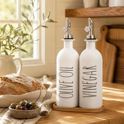 HOMCDALY Premium Olive Oil Dispenser for Kitchen, 11.8oz Glass Oil Bottles with Bamboo Tray, White Oil&Vinegar Cruet Set, Kitchen Dispenser Bottles with Pourer| Set of 2 (11.8oz –P–White)