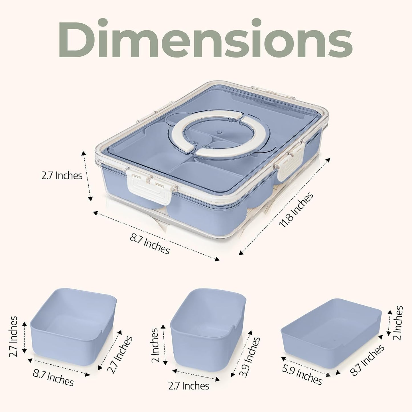 Small Snackle Box Container - Travel Snack Box Container - Snacklebox - Divided Serving Tray With Lid and Handle - Portable Snack Tray With Lid - Snackle Boxes 4 compartment Grey Blue (Cream)