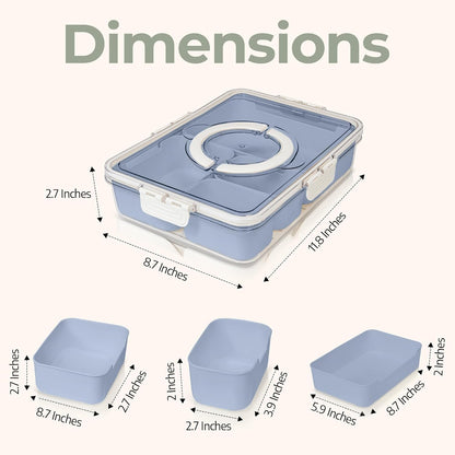 Small Snackle Box Container - Travel Snack Box Container - Snacklebox - Divided Serving Tray With Lid and Handle - Portable Snack Tray With Lid - Snackle Boxes 4 compartment Grey Blue (Cream)
