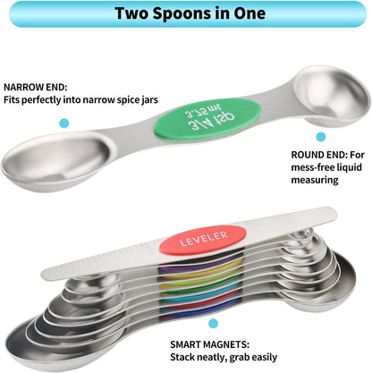Magnetic Measuring Spoons Set Stainless Steel with Leveler, Dual-Sided Metal Measuring Spoons for Baking & Cooking, Fits in Spice Jars, Must-have Kitchen Gadgets, 8 Measuring Spoons & 1 Leveler, Black