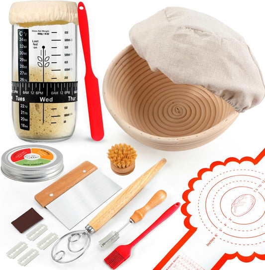 Joyyy Sourdough Starter Kit, Banneton Bread Proofing Basket, 8.5Inch Proofing Basket for Baking, Banneton Bread Baking Gift Set, Sourdough Bread Baking Supplies (Black)