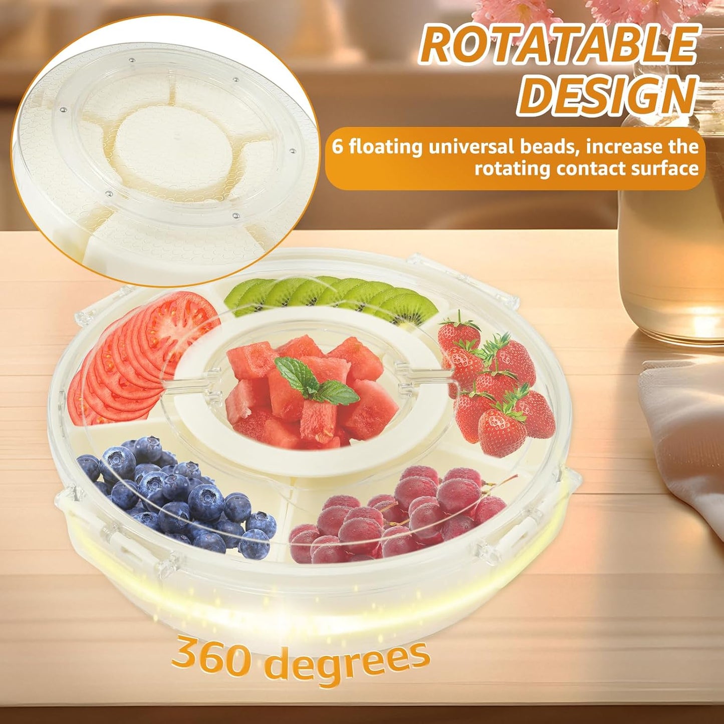 2 PCS Round Snack Tray Box with Lid, Rotating Container Snack Veggie Tray with Handle, Fruit Platter Spinner Container for Home Charcuterie Veggie Fruit Picnic Travel Party