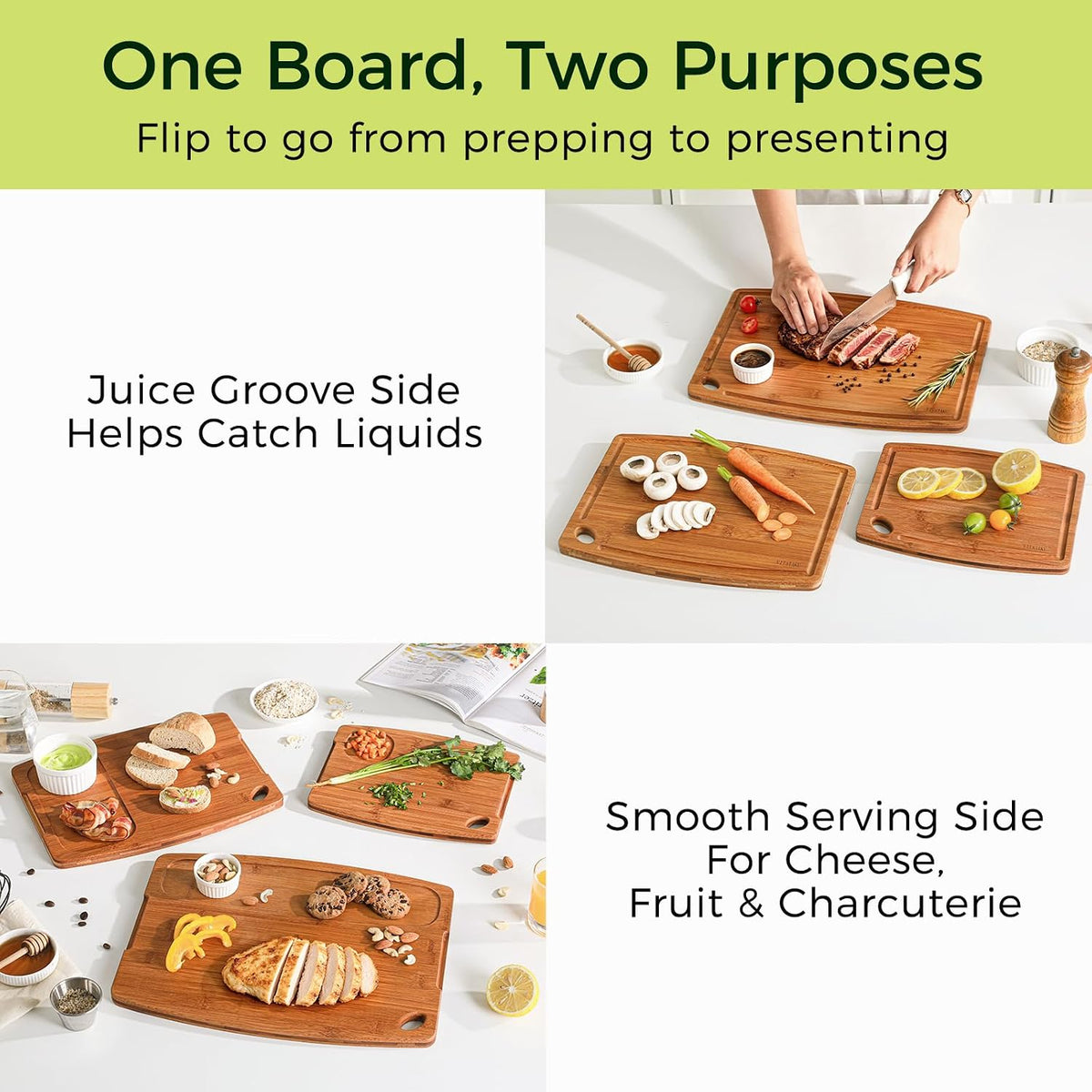 3 Piece Bamboo Cutting Board Set for Kitchen with Storage Stand, 15.4" Deep Carbonized Wood Cutting Board for Charcuterie, Serving Tray with Juice Grooves & Handles, Great Kitchen Gift