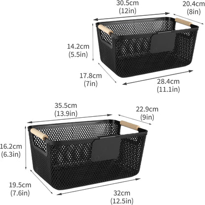 Onion and Potato Storage Baskets,A set of 2 Wooden Handle storage Basket Stackable Plastic Pantry Bins, Multifunctional Organizers for Kitchen, Countertop, and More Vegetable Storage Box (Black-2pack)