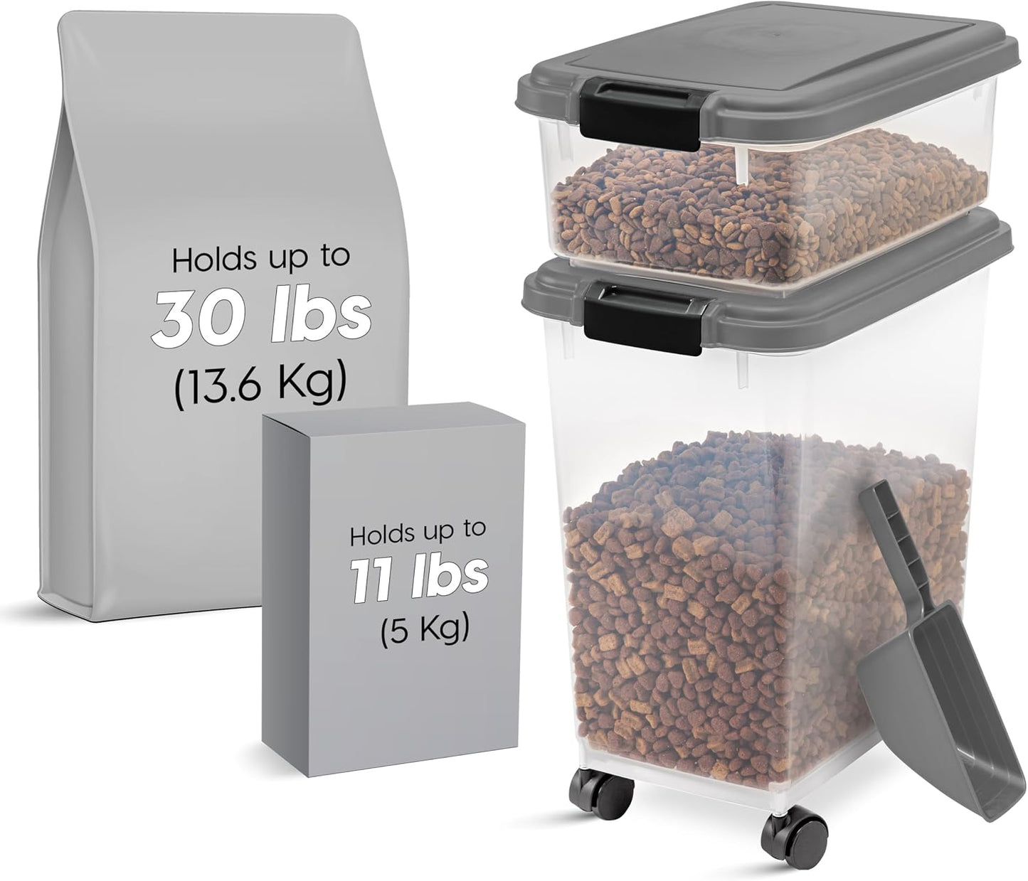 IRIS USA Dog Food Storage Container 30 lb + 11lb Airtight Combo, Stackable Pet Food Storage Bin with Wheels for Cat Dog Food, BPA Free, Made in USA, Black