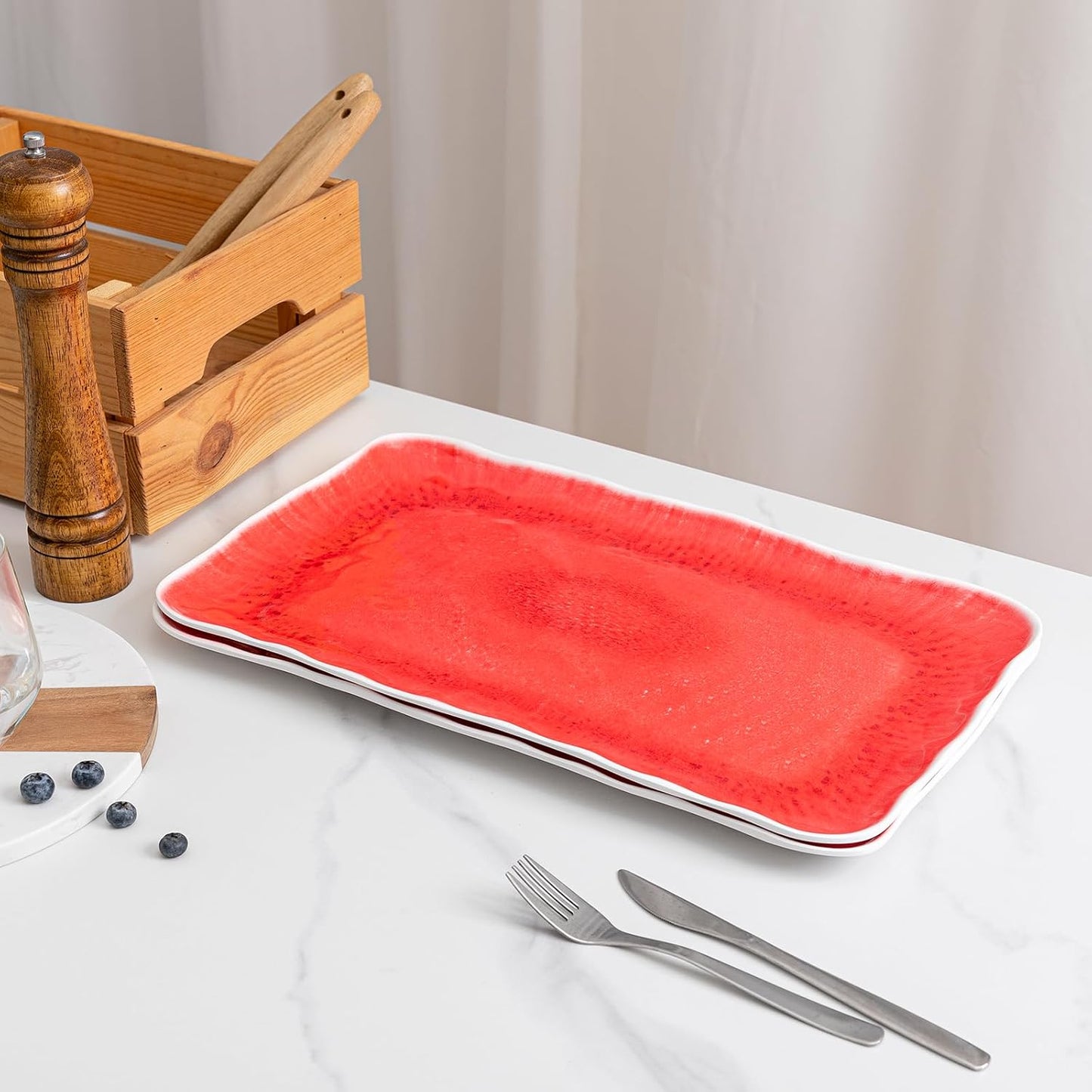 Melamine Serving Platters, set of 2, 17" x 10" Large Reusable BPA Free Rectangular Party Tray/Platters for Serving Appetizers, Fruits On Christmas and all Occasions,Red
