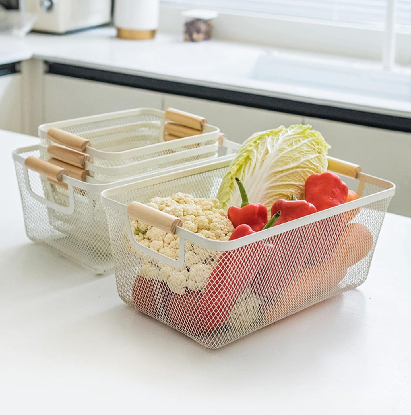 AJIODA Metal Mesh Steel Basket, Large Wire Storage Organizer Basket Multi-function Hanging Kitchen Baskets with Wood Handle for Kitchen Bathroom Picnic Home, Rectangle-Black