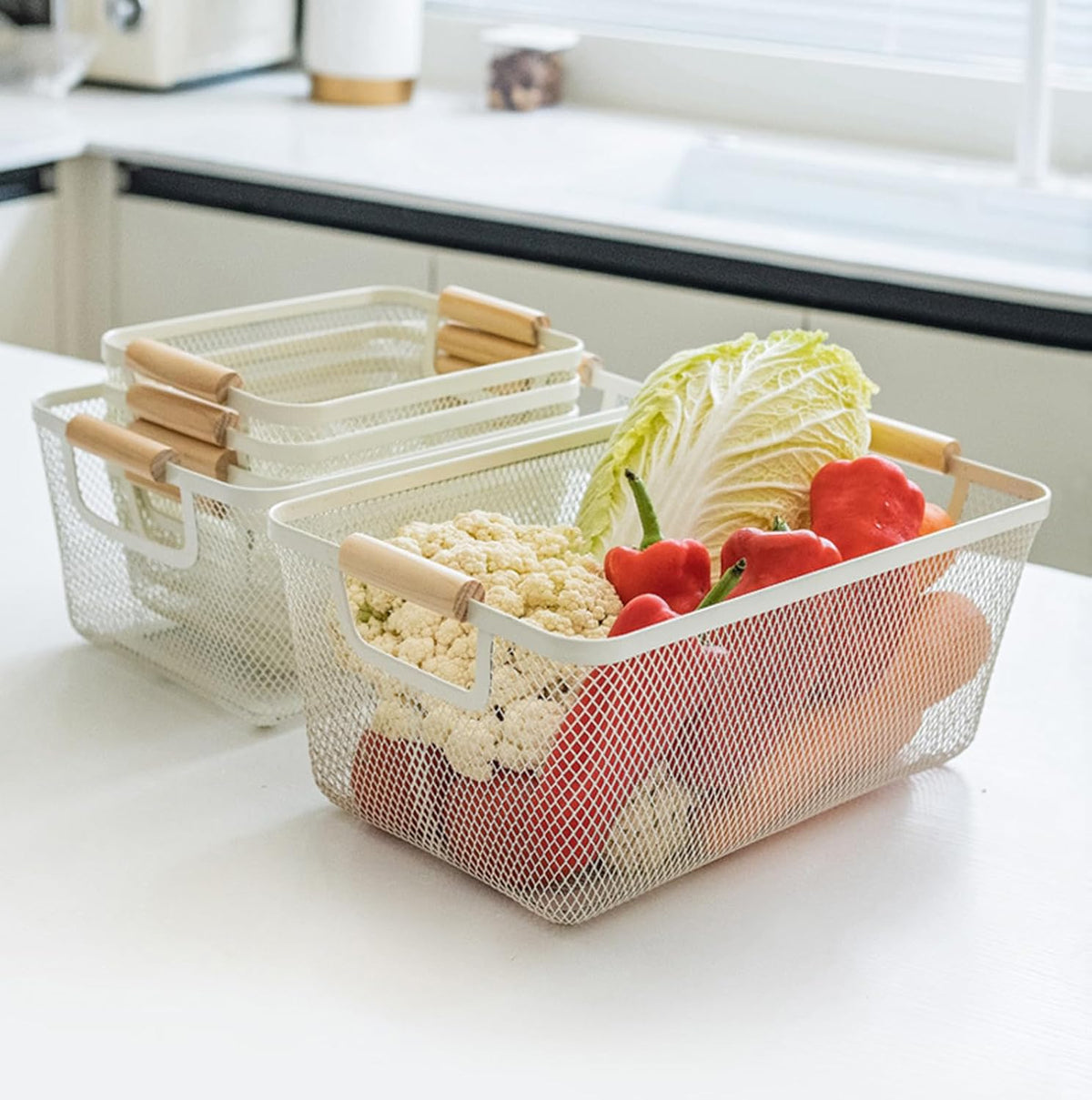 AJIODA Metal Mesh Steel Basket, Large Wire Storage Organizer Basket Multi-function Hanging Kitchen Baskets with Wood Handle for Kitchen Bathroom Picnic Home, Rectangle-Off White
