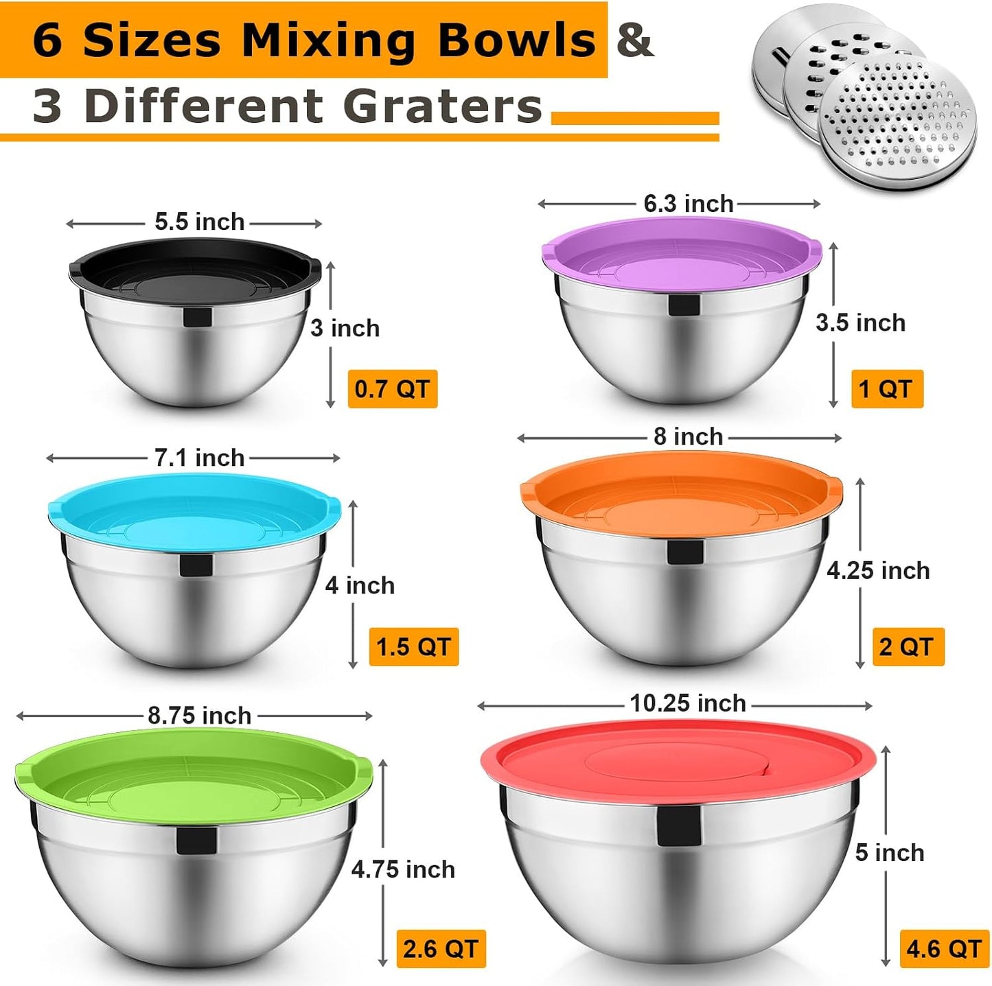 P&P CHEF Mixing Bowls with Lids Set of 6, Stainless Steel Nesting Salad Bowl & 3 Grater Attachments for Prepping Storing, 4.6/2.6/2/1.5/1/0.7 QT, Khaki