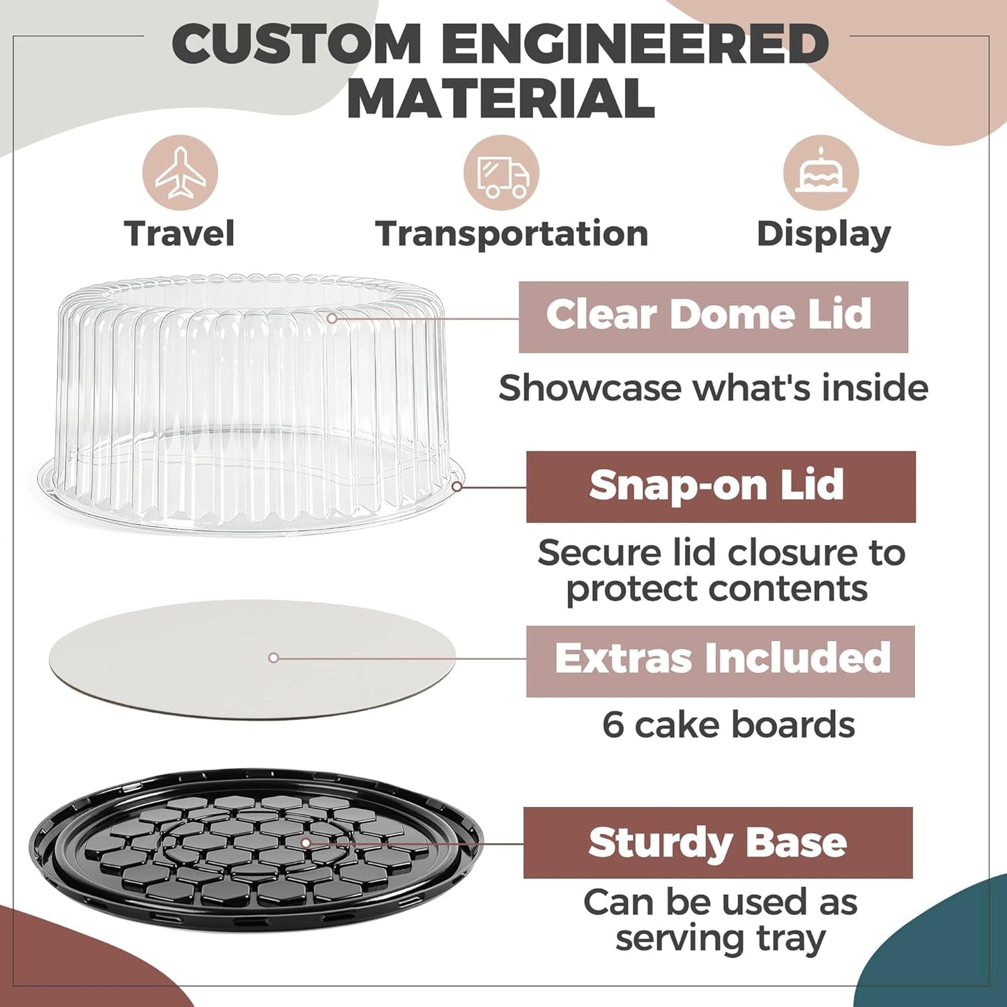 6-Pack Cake Carrier Holder Container for 10 Inch Round Cakes - Plastic Disposable Cake Containers, Take Out Storage w/Clear Dome Lids, Black Base Serving Trays, White Cake Boards, 12 x 5 Inches