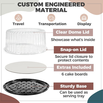 6-Pack Cake Carrier Holder Container for 10 Inch Round Cakes - Plastic Disposable Cake Containers, Take Out Storage w/Clear Dome Lids, Black Base Serving Trays, White Cake Boards, 12 x 5 Inches