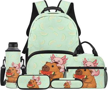 Cute Capybara Pizza Backpack for Girls, 5 Pcs Boys School Bag Set for Kids, 17 Inch Backpacks Lunch Pencil Box Reusable Utensils Case Set for Middle Elementary School, 3rd Grade Backpack