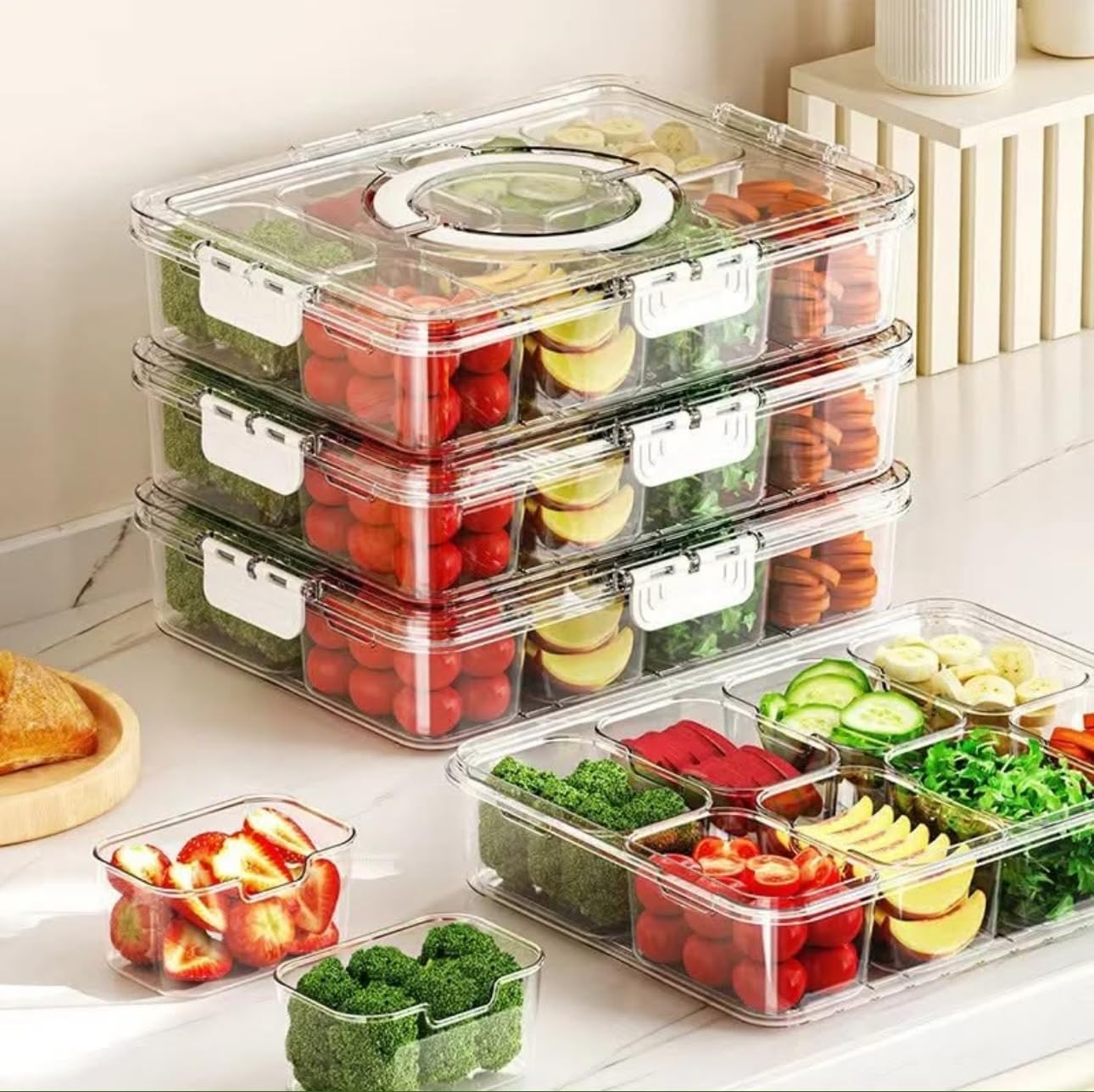 Serving Tray with Lid and Handle Divided Snackle Box Container Multi Compartment Food Container |Fruit Tray Veggie Tray with Lid Appetizer Snack Platter for Parties Travel and Home