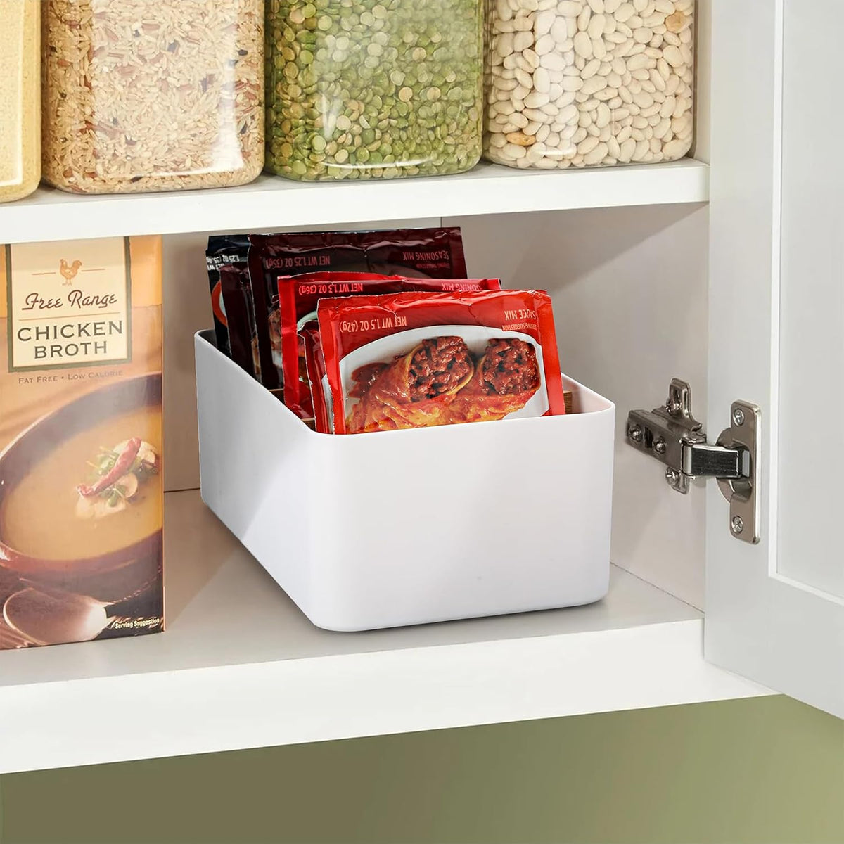 BSTKEY Seasoning Packet Organizer, Food Storage Organizer with Divided 4 Bamboo Wood Compartments, Black Plastic Storage Caddy for Pantry Cabinet, Kitchen Organization Bin for Snacks Spice Packets