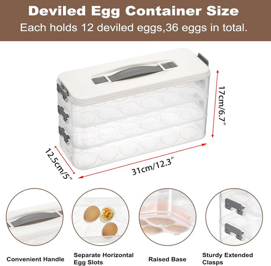 BSTKEY Deviled Egg Containers with Lid, 3 Layer Deviled Egg Platter Carrier Trays for 36 Eggs, Fridge Stackable Portable Egg Holder with Handle for Home Kitchen Party Easter Picnic