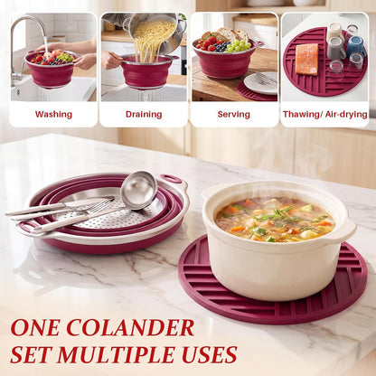 Collapsible Colander Set with Silicone Mat,2-in-1 Stainless Steel Colander for Kitchen, Foldable Metal Colander, Space-Saving for Pasta Veggies Fruit(NAVY BLUE)