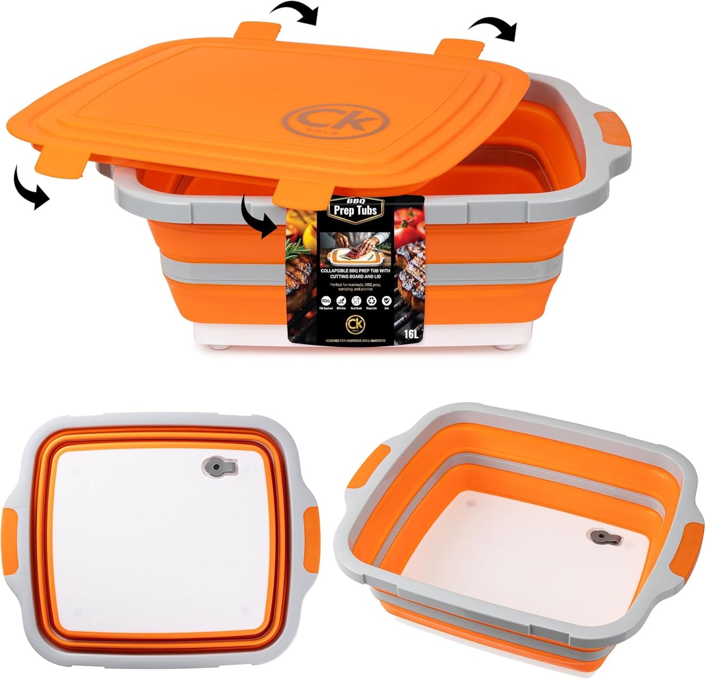 New XL Collapsible BBQ Prep Tub with LOCKING Lid, Cutting Board & Drain Hole | BPA-Free, Food-Grade, Space-Saving Prep Tubs for Marinating, Grilling, Camping & Outdoor Cooking (Black, 16L)