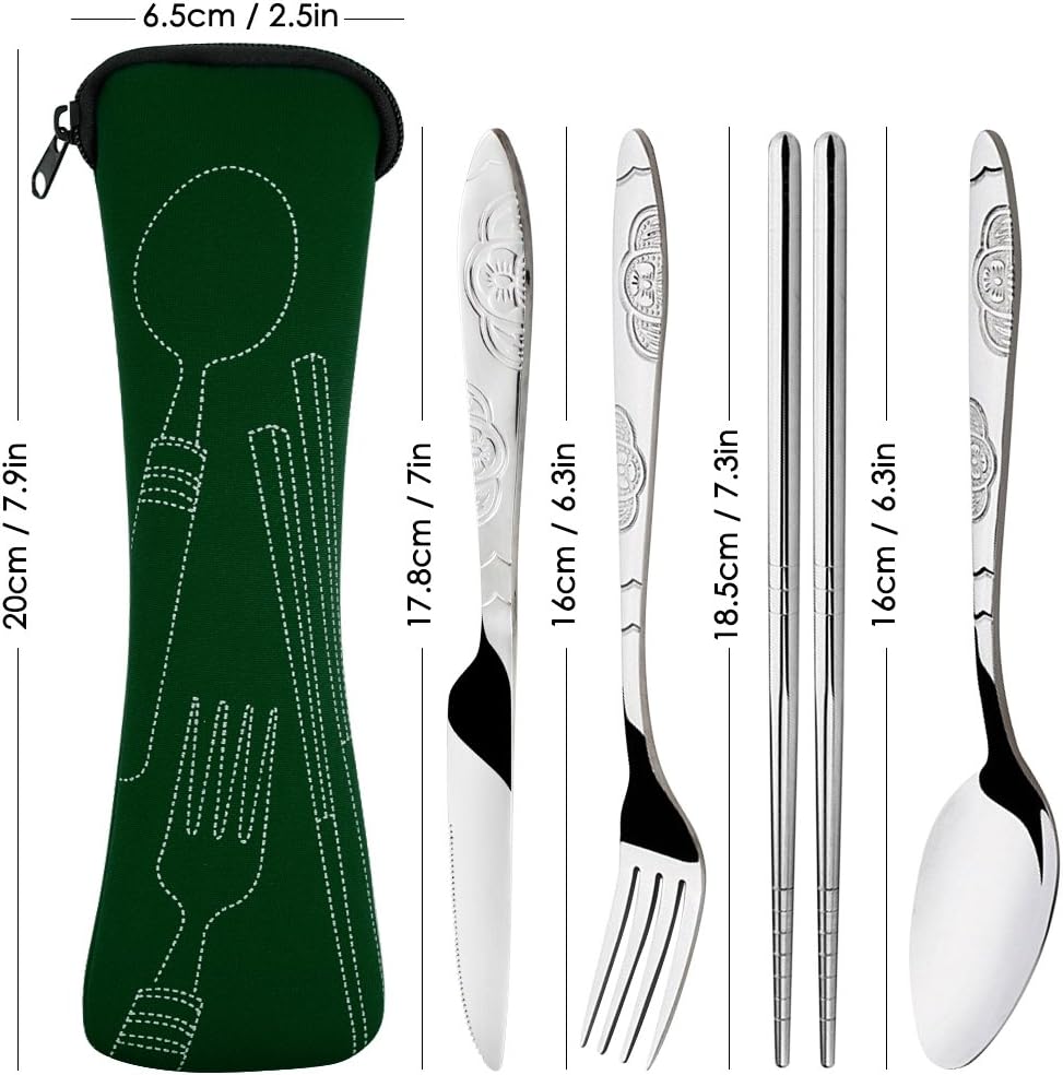 SENHAI 8 Pieces Flatware Sets Knife, Fork, Spoon, Chopsticks, 2 Pack Rustproof Stainless Steel Tableware Dinnerware with Carrying Case for Traveling Camping Picnic Working Hiking