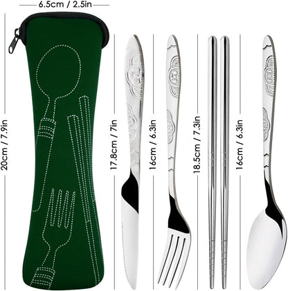 SENHAI 8 Pieces Flatware Sets Knife, Fork, Spoon, Chopsticks, 2 Pack Rustproof Stainless Steel Tableware Dinnerware with Carrying Case for Traveling Camping Picnic Working Hiking