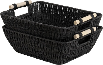 StorageWorks Hand-Woven Storage Baskets with Wooden Handles, Water Hyacinth Wicker Baskets for Organizing, 2 Pack