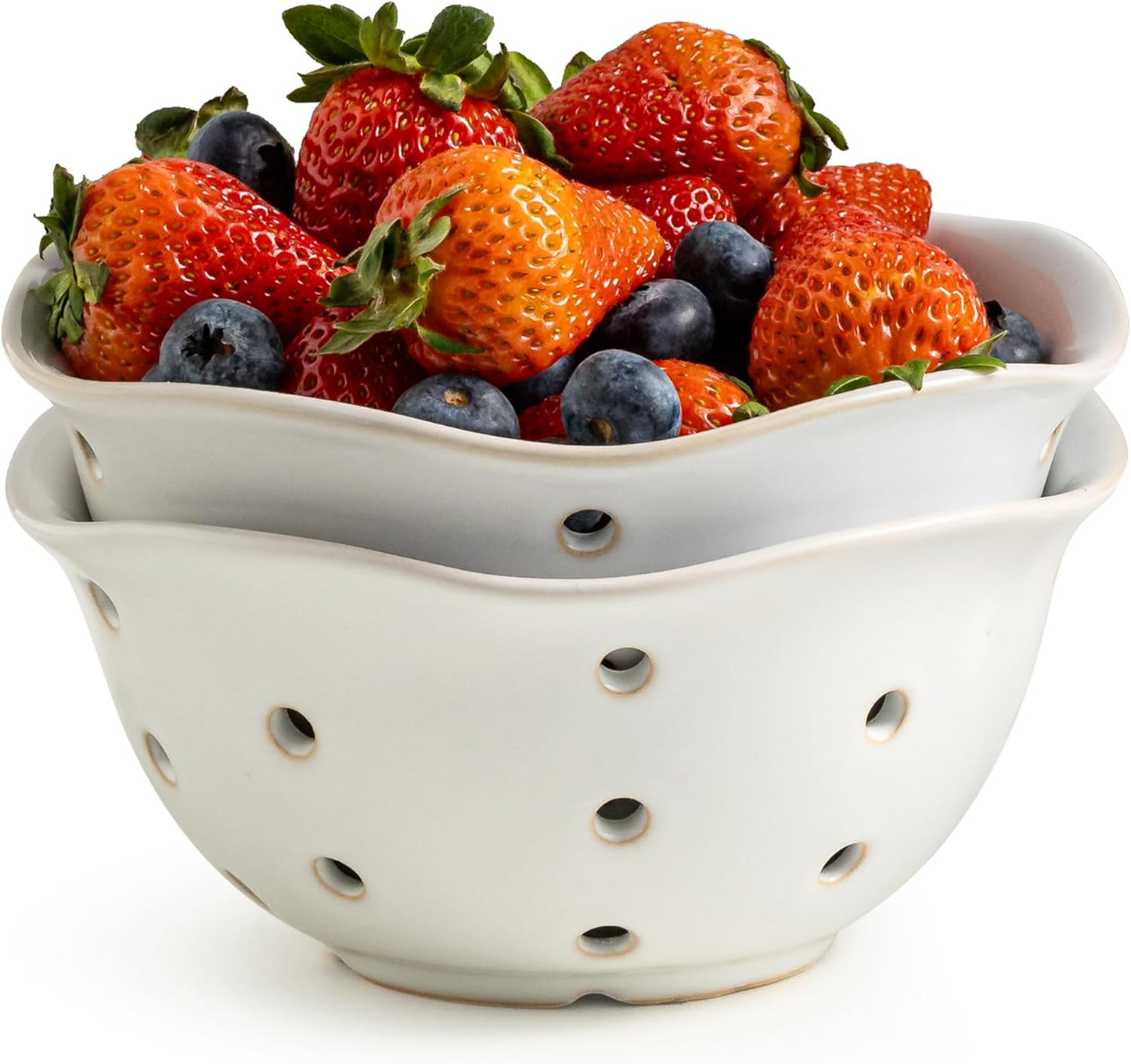 Gomakren Berry Bowls with Holes Ceramic, Berry Washing Bowl Basket Set of 2, 5.8 Inch Round Fruit Bowl Storage Containers, Strawberry Baskets, Farmhouse Kitchen Decor, Yellow + Brown