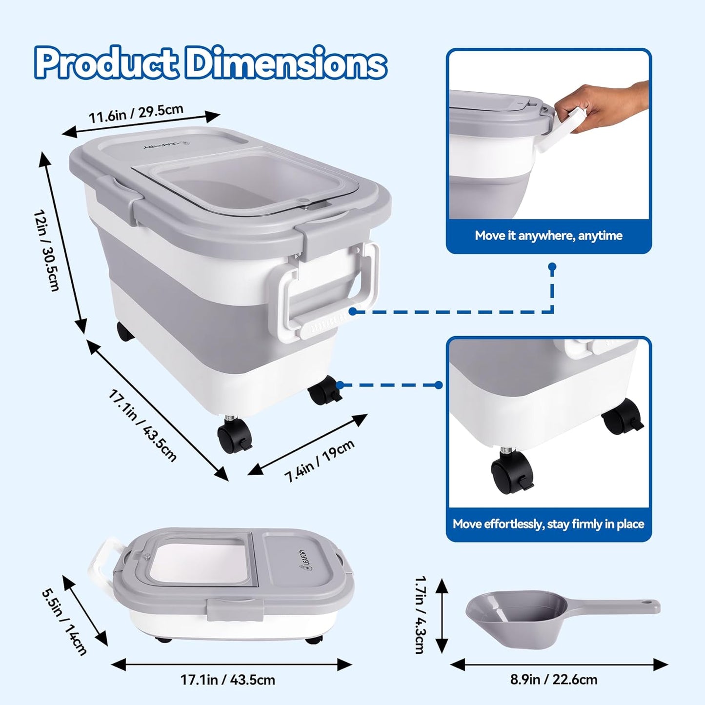 Dog Food Storage Container 20-25lbs, Airtight Pet Food Bin with Locking Lid & Clear Window, Collapsible Rolling Storage Container with Wheels & Scoop, Black