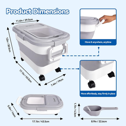 Dog Food Storage Container 20-25lbs, Airtight Pet Food Bin with Locking Lid & Clear Window, Collapsible Rolling Storage Container with Wheels & Scoop, Black