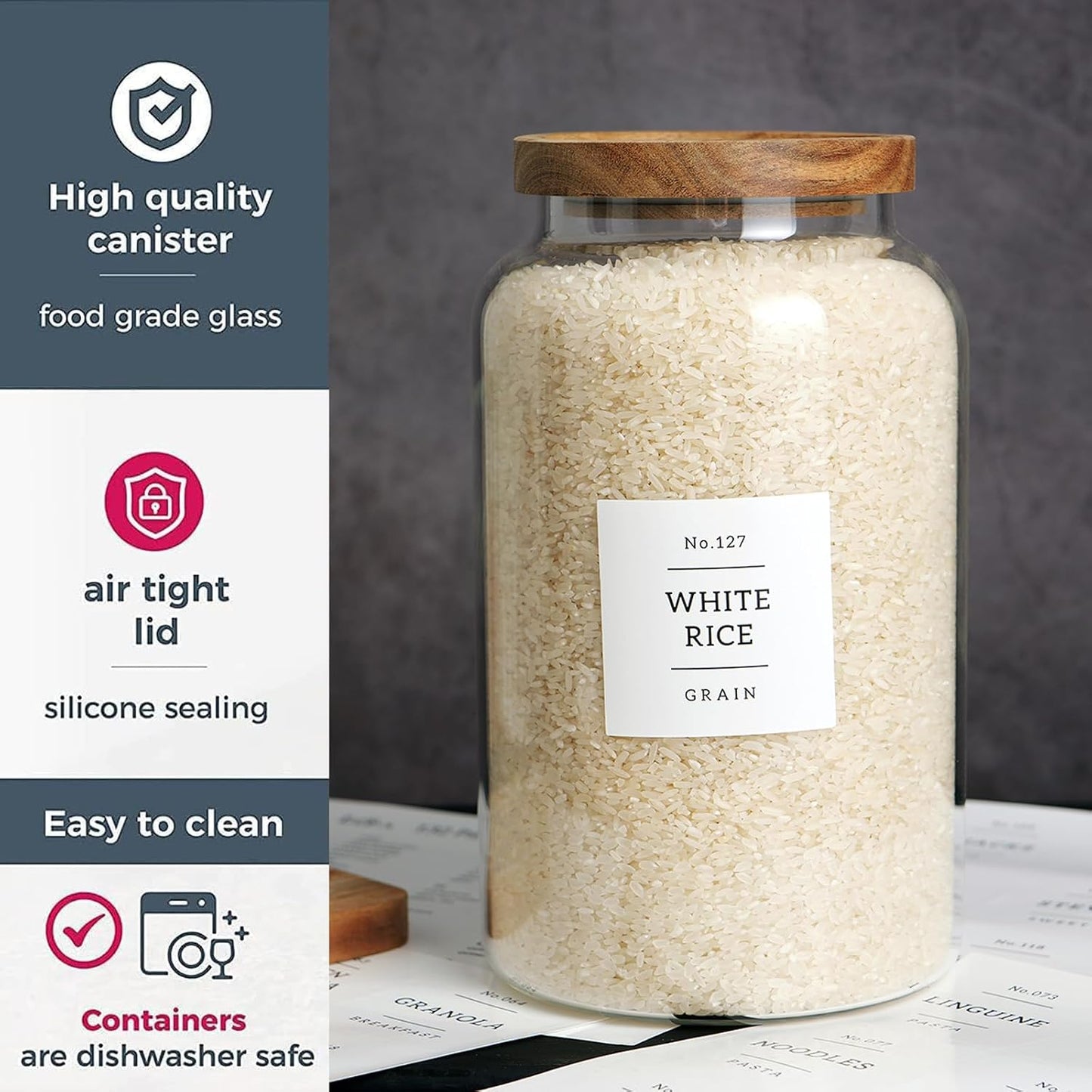 CZHQSMZ Set of 2 Large Glass Flour and Sugar Containers with 132 Pantry Labels - Glass Food Storage Jars with Airtight Bamboo Lid for Flour Pasta Candy Coffee Cookie and More(1 Gallon/4000 ml)