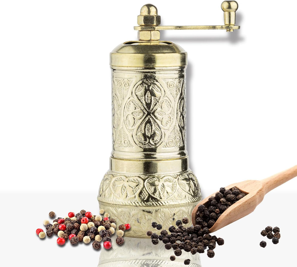 Handmade Decorative Black Pepper Grinder, Zamak Conical Burr, Refillable Turkish Spice Mill Manual Pepper Mill with Handle, Spice Grinder Metal with Hand Crank 11 cm-4.3 inch