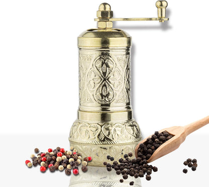 Handmade Decorative Black Pepper Grinder, Zamak Conical Burr, Refillable Turkish Spice Mill Manual Pepper Mill with Handle, Spice Grinder Metal with Hand Crank 11 cm-4.3 inch