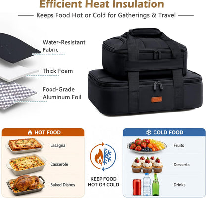 2-Piece Insulated Casserole Carrier Set, Fits 9" x 13" Baking Dish, Food Transport Carrier for Hot & Cold Dishes, Reusable Potluck Tote for Thanksgiving, Holiday Parties, Family Gatherings & Travel