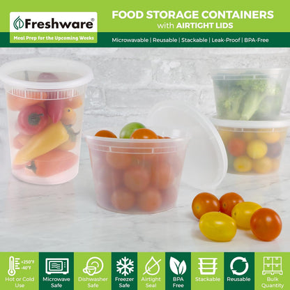 Freshware Food Storage Containers [24 Set] 32 oz Plastic Deli Containers with Lids, Slime, Soup, Meal Prep Containers, BPA Free, Stackable, Leakproof, Dishwasher and Freezer Safe, Translucent