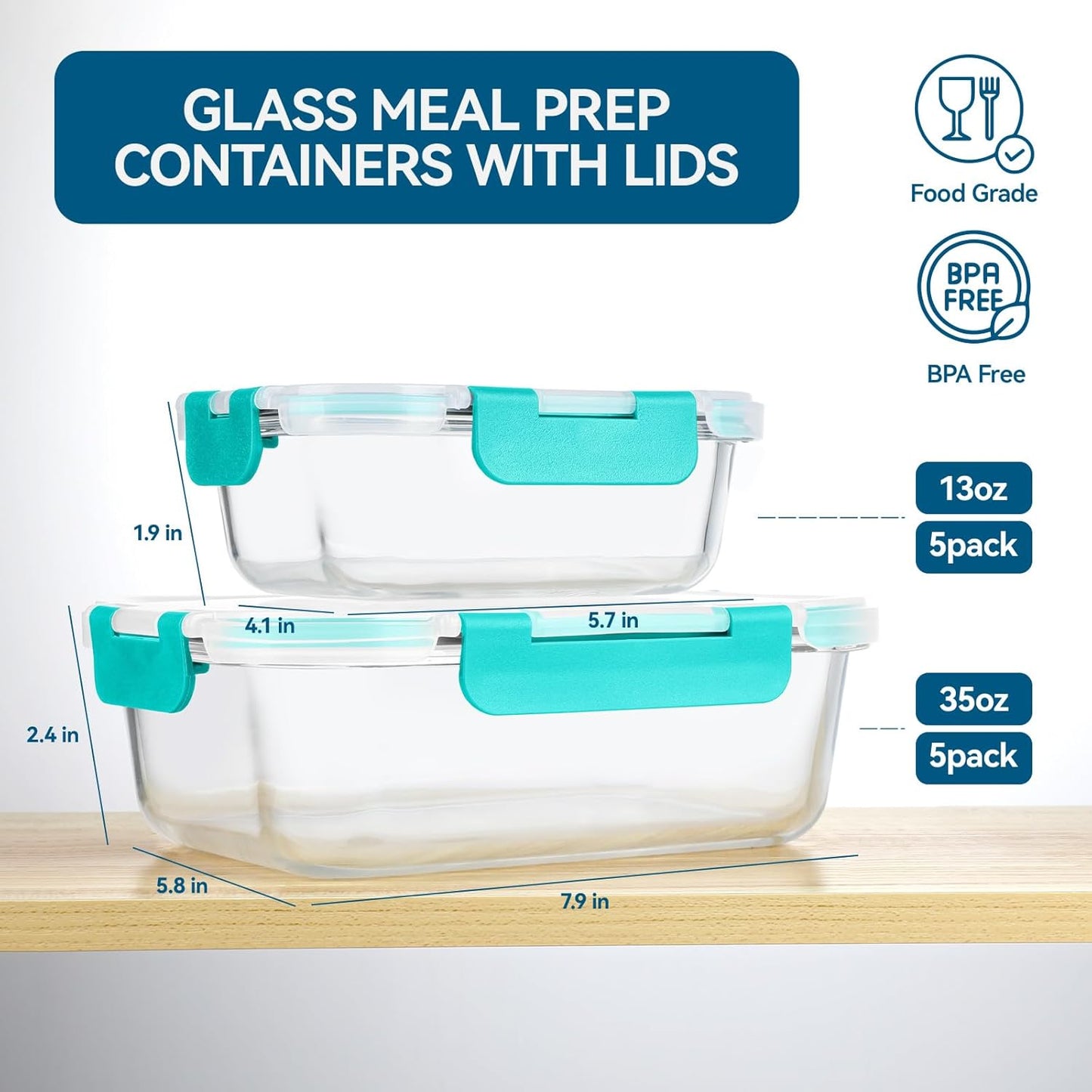 BAYZZ 10 Pack Glass Meal Prep Containers, Glass Food Storage Containers with Lids, Airtight Lunch Box, Freezer,Oven,Microwave and Dishwasher Safe