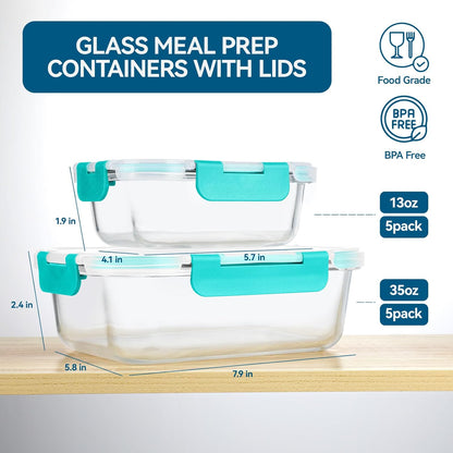 BAYZZ 10 Pack Glass Meal Prep Containers, Glass Food Storage Containers with Lids, Airtight Lunch Box, Freezer,Oven,Microwave and Dishwasher Safe