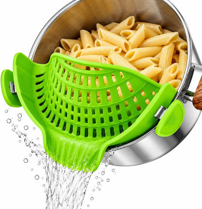Clip On Pot Strainer for Pots, Pans & Bowls, Silicone Heat Resistant Food Grade Pot Colander, Pasta & Cooking Drainer, Hands-Free Kitchen Strainer with Universal Clip, Dishwasher Safe, Green