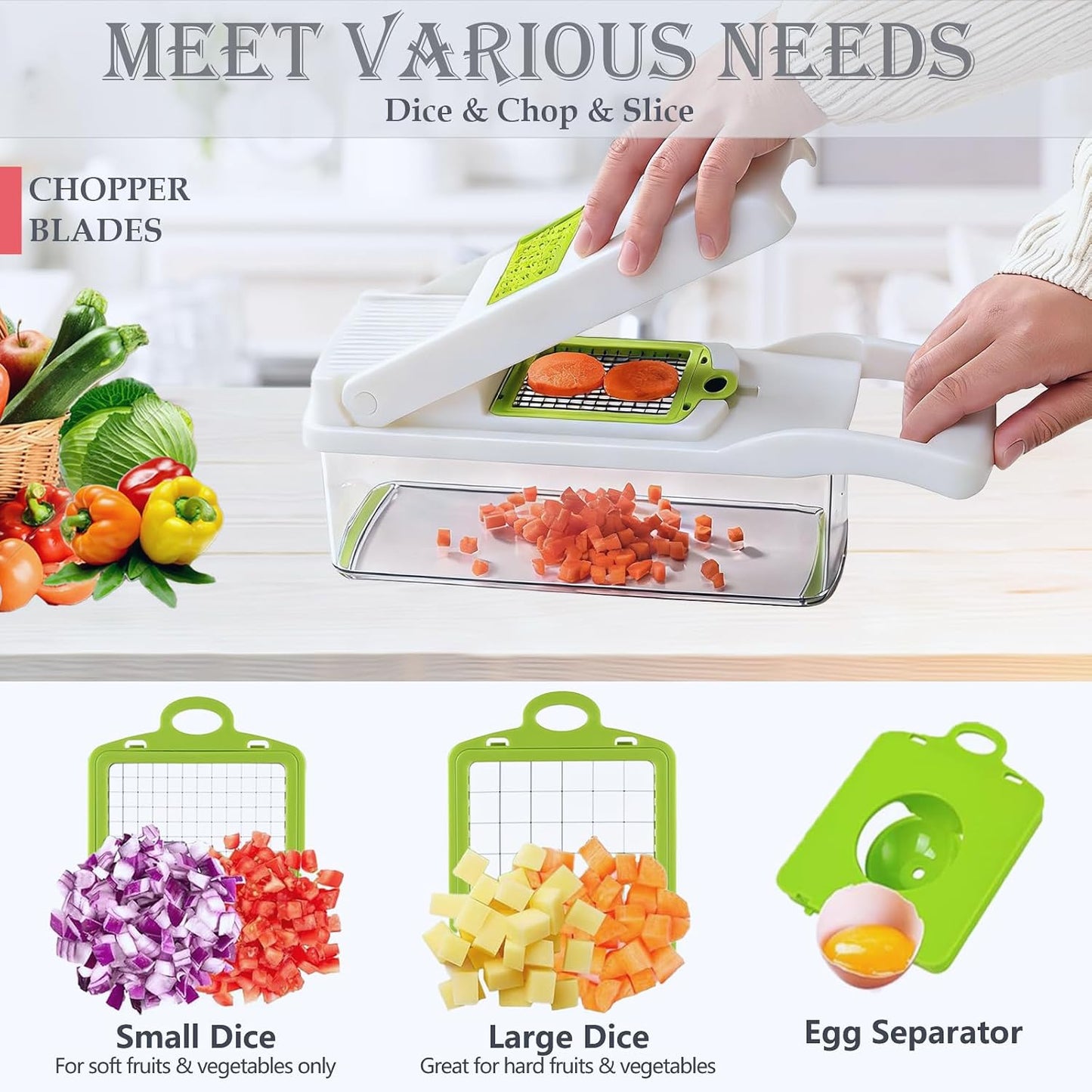 Vegetable Chopper Dicer with Container | Cheese Grater Mandoline Slicer Cabbage Shredder French Fry Cutter Stainless Steel for Veggie Onion Potato Fruit Food, Manual Hand Cooking Gadget for Kitchen