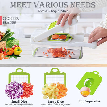 Vegetable Chopper Dicer with Container | Cheese Grater Mandoline Slicer Cabbage Shredder French Fry Cutter Stainless Steel for Veggie Onion Potato Fruit Food, Manual Hand Cooking Gadget for Kitchen