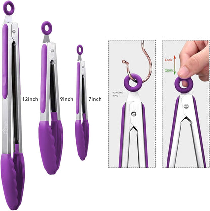 HOTEC Premium Stainless Steel Locking Kitchen Tongs with Silicon Tips, Set of 2-9" and 12"