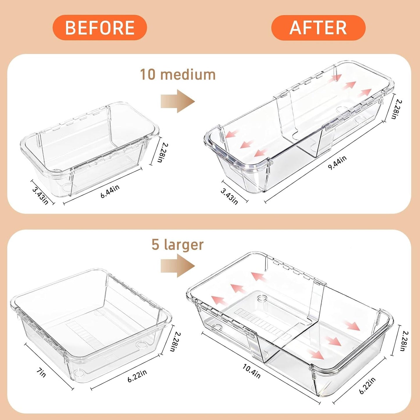15-Piece Expandable Drawer Organizer Set, Clear 2-Size Bins | 15-piece set, clear expandable bins, 2 sizes, for makeup, vanity, desk and kitchen drawers