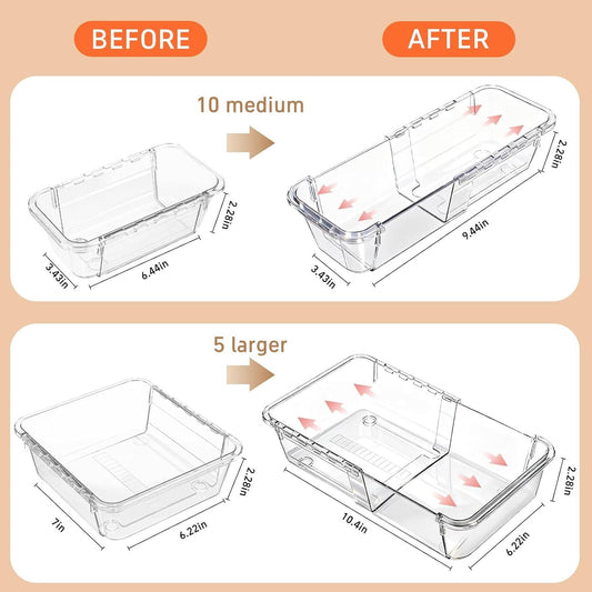 15-Piece Expandable Drawer Organizer Set, Clear 2-Size Bins | 15-piece set, clear expandable bins, 2 sizes, for makeup, vanity, desk and kitchen drawers