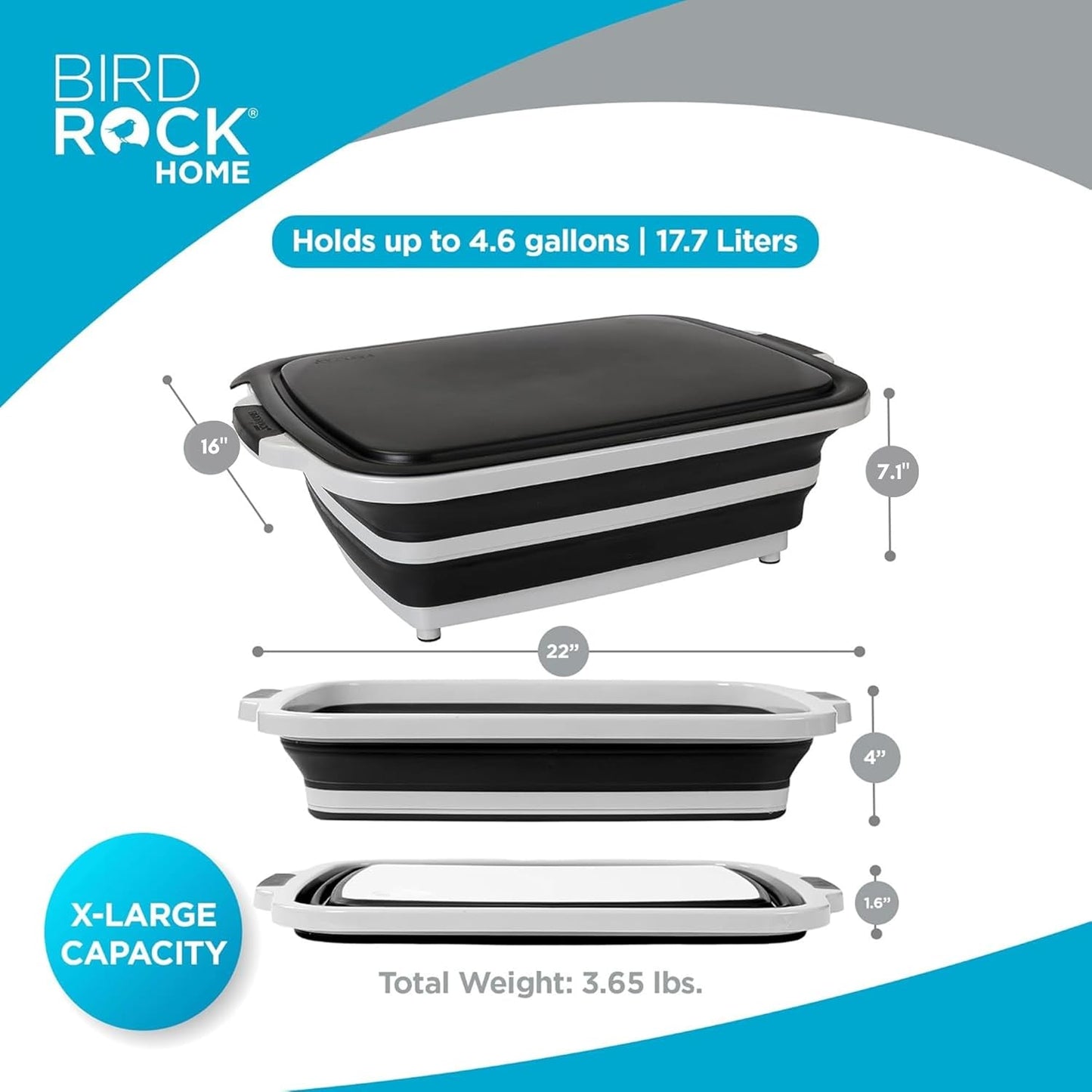 BIRDROCK HOME Collapsible Large BBQ Prep Tub w/Cutting Board, Multi-Function Grill Caddy w/Colander & Lid, Portable Silicone Dish Bowl for Picnic, Tailgate, Camping - Black