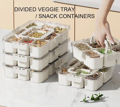 Divided Veggie Tray with Lid and Handle 9 Compartment Serving Tray with Dividers Portable Travel Snack Containers Stackable Snackle Box Charcuterie Container for Fruit,Vegetable,Salad (9 Containers)