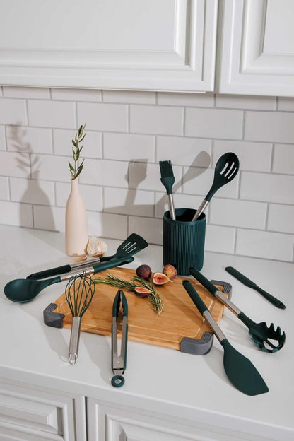10-Piece Silicone Kitchen Utensil Set with Holder, High Heat Resistant & Nonstick Safe, Dishwasher Safe - Green