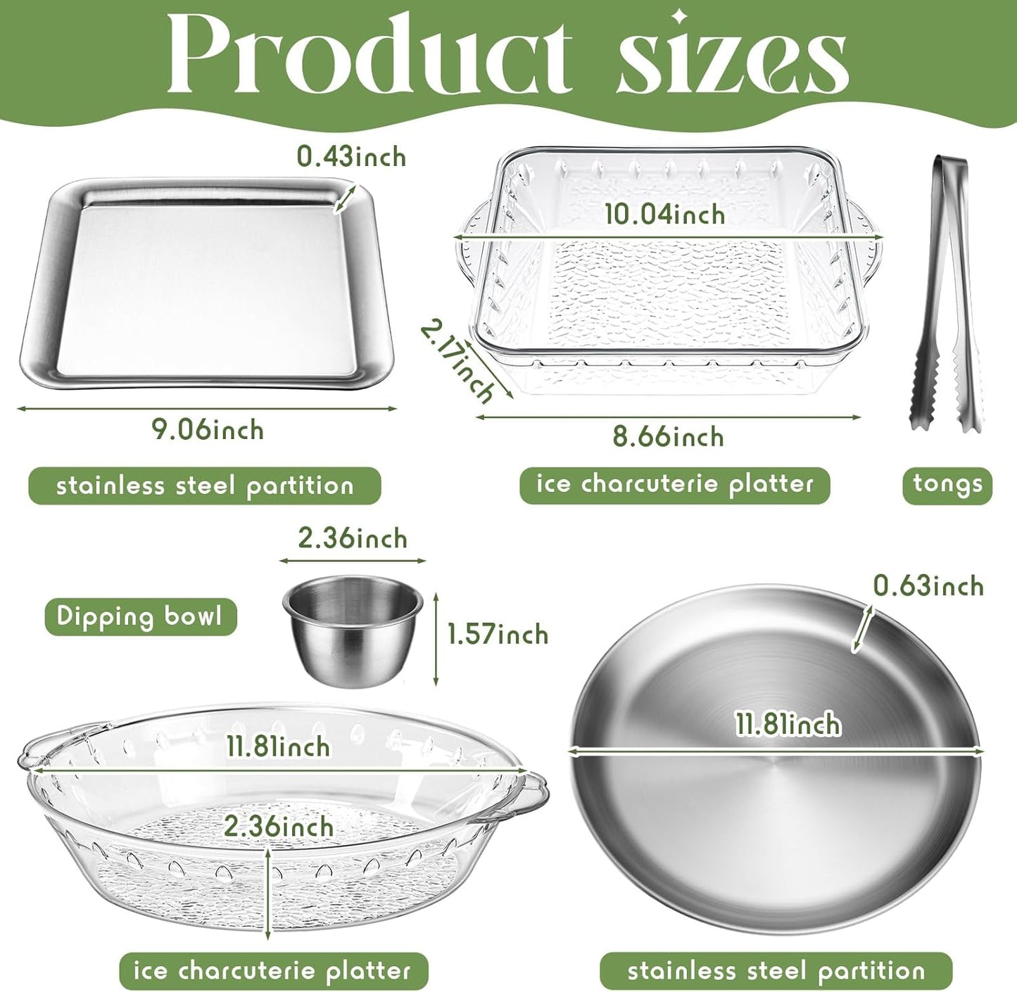 Baderke 4 Set 11.8" Chilled Serving Tray for Parties with Compartments 9" Ice Chilled Party Platter Charcuterie Serving Board 1.7 oz Dipping Bowls with Tongs for Fruit Seafood Vegetable (Natural)