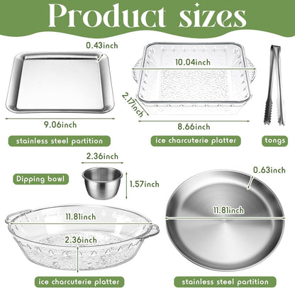 Baderke 4 Set 11.8" Chilled Serving Tray for Parties with Compartments 9" Ice Chilled Party Platter Charcuterie Serving Board 1.7 oz Dipping Bowls with Tongs for Fruit Seafood Vegetable (Natural)