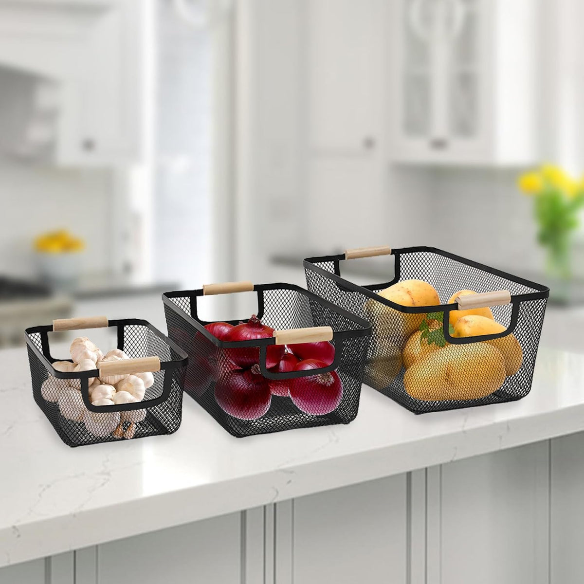 Potato and Onion Storage Bin, 2 Set Potato Bin Storage and Onion Container with Wooden Handle, Pantry Kitchen Organization and Storage, Metal Mesh Baskets for Fruit, Vegetable, Produce-White