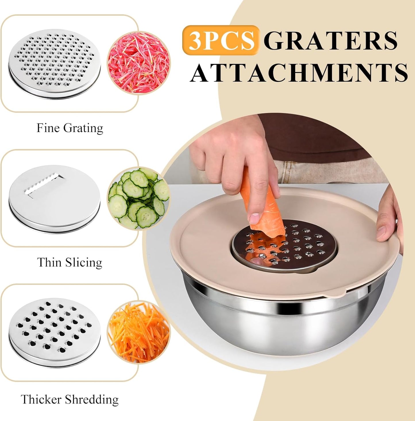 20-Piece Mixing Bowls Set with Airtight Lids – 6 Stainless Steel Kitchen Bowls (4.5QT, 4QT, 3.5QT, 2.1QT, 1.5QT, 1.1QT), 3 Grater Attachments, Non-Slip Silicone Bottoms, Perfect for Baking & Serving